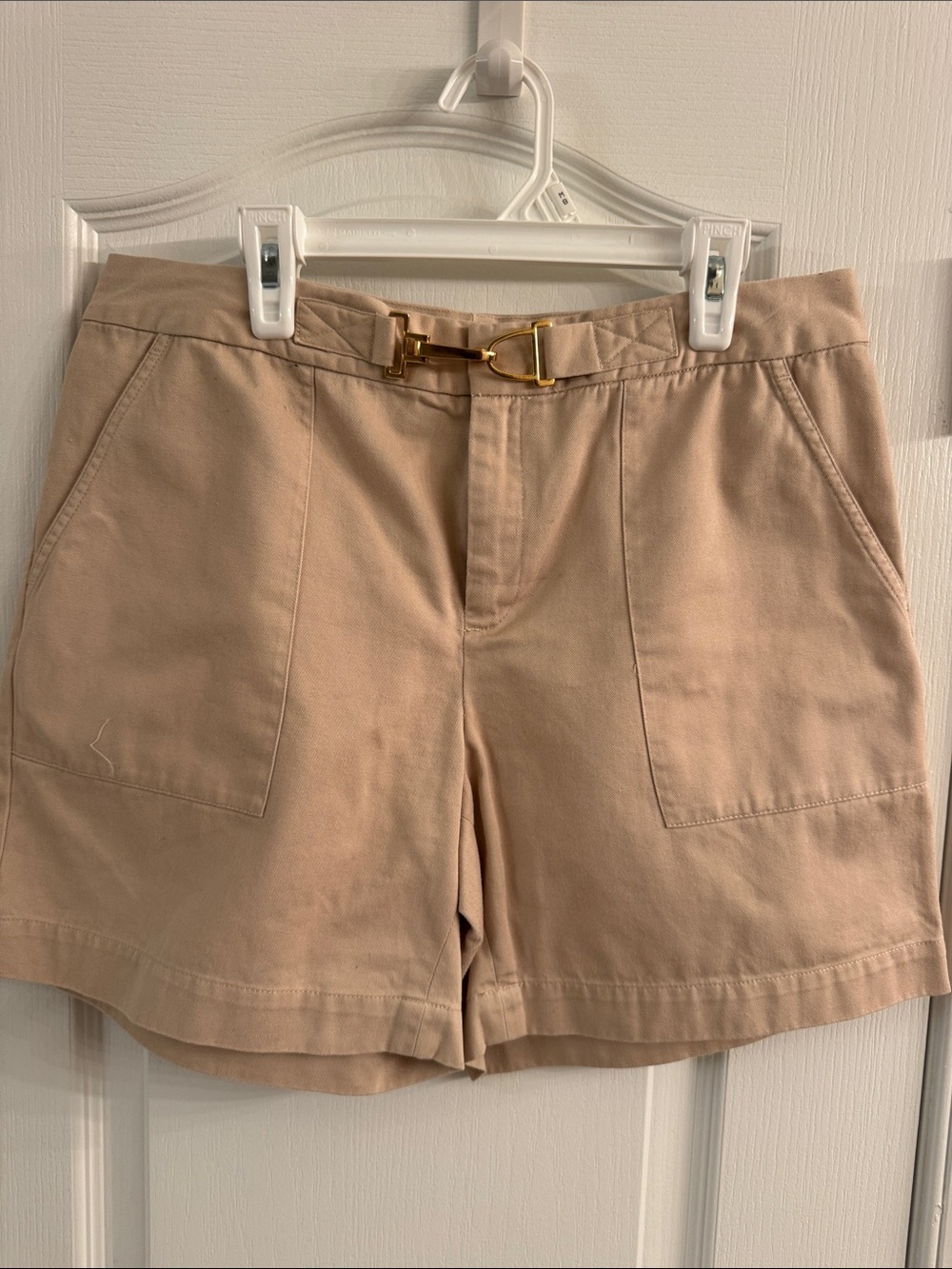 Chaps Beige High-Rise Utility Shorts with Gold Buckle